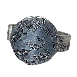 Handmade 9 stamped cobweb, & bat silver adjustable hypoallergenic medallion ring